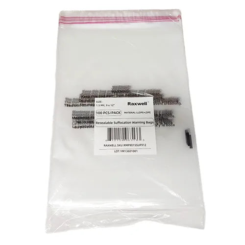 Resealable Suffocation Warning Bags - 1.5 Mil, 9 x 12" 100/pack, 10packs/carton (Raxwell RMP9015SUF912)