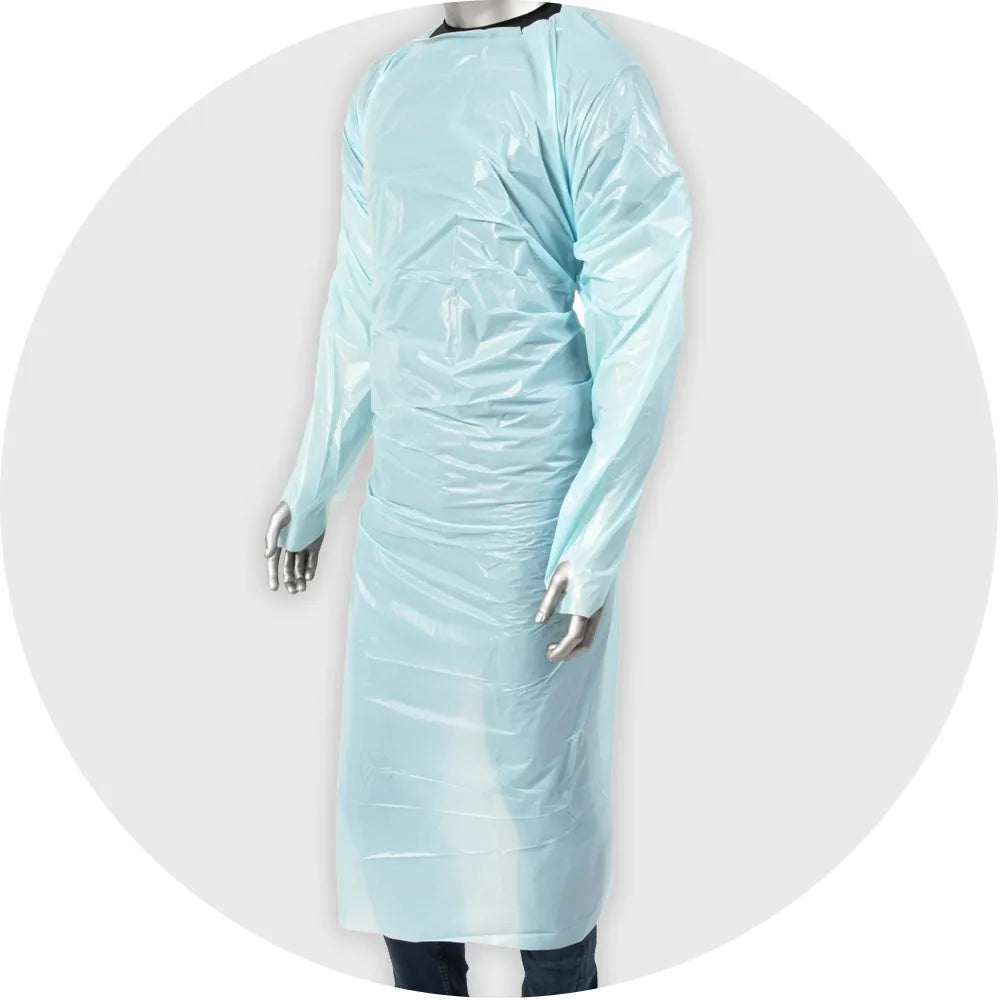 5" x 55" Blue 1.75 MIL CPE Gown with thumbloop ends (Raxwell RSB19MVA4MEB)