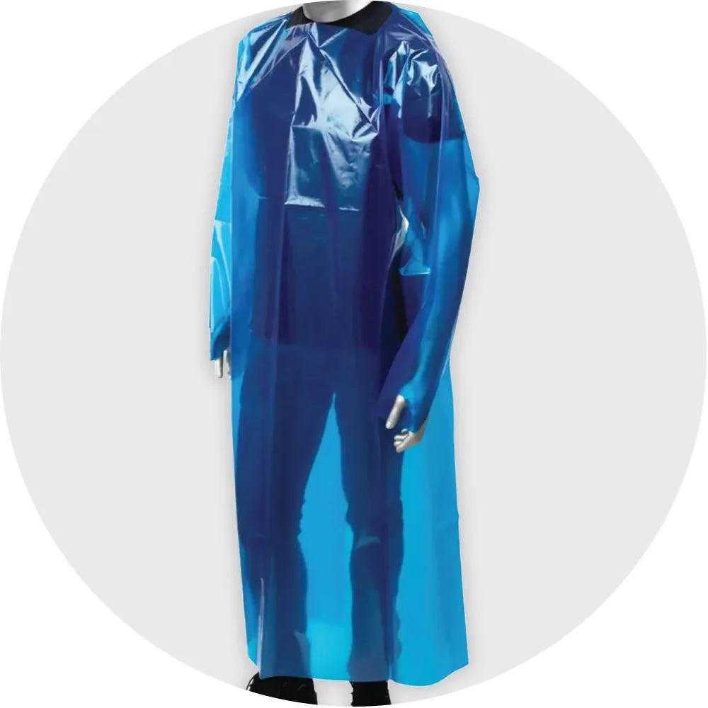 5" x 50" Blue 4 MIL Vinyl Gown w/ thumbloops (Raxwell RSB19V4MB)