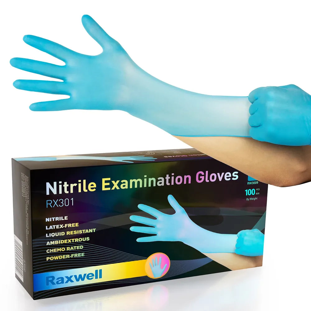 RX PRO Blue Nitrile Chemo-Rated Exam Gloves, powder-free, 4-mil, S/M/L/XL (Raxwell RX301)