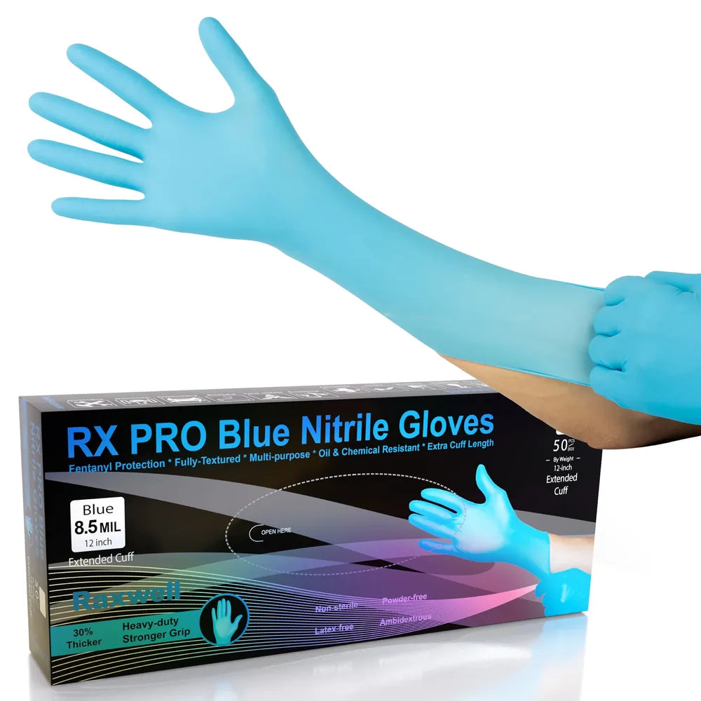 RX Blue Nitrile Exam Gloves, 12 in extended cuff, 8.5-mil, S/M/L/XL/XXL (Raxwell RX4000)