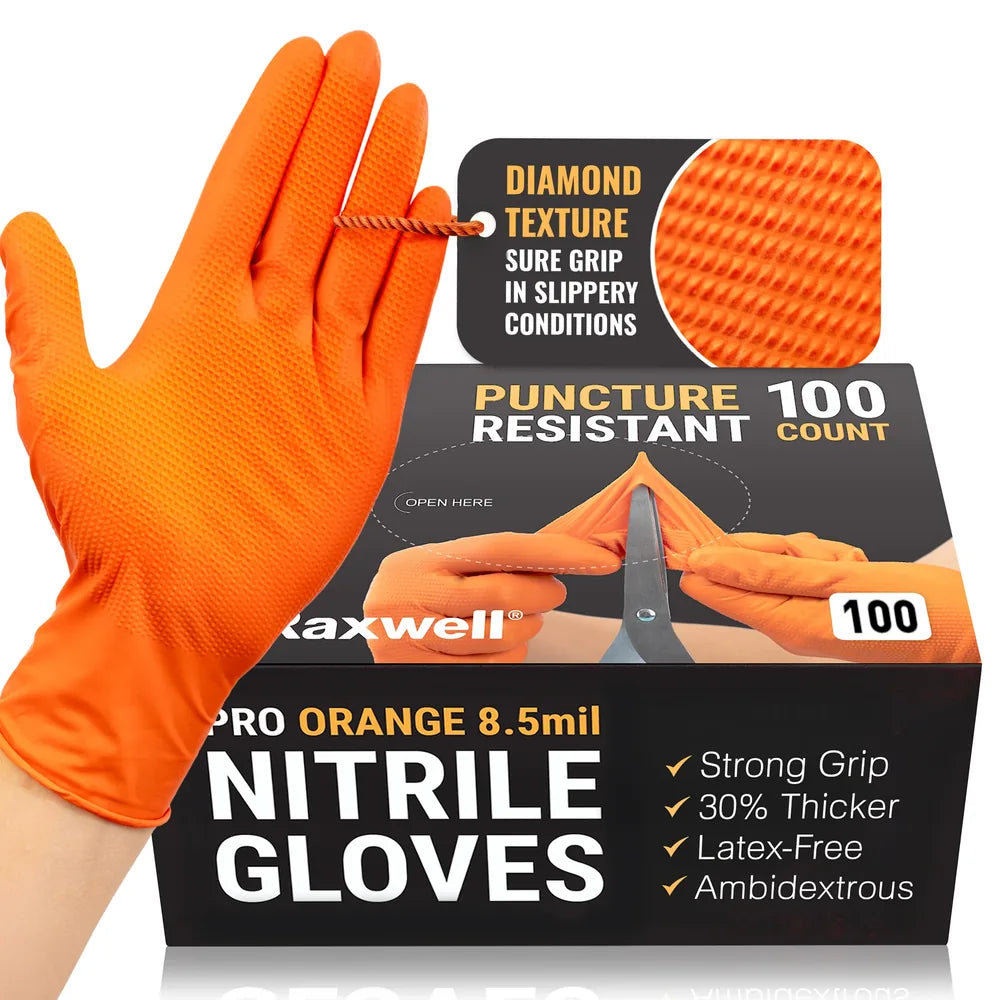 RX PRO Diamond Grip Orange Nitrile Exam Gloves, 8.5-mil, S/M/L/XL/XXL (Raxwell RX5000)