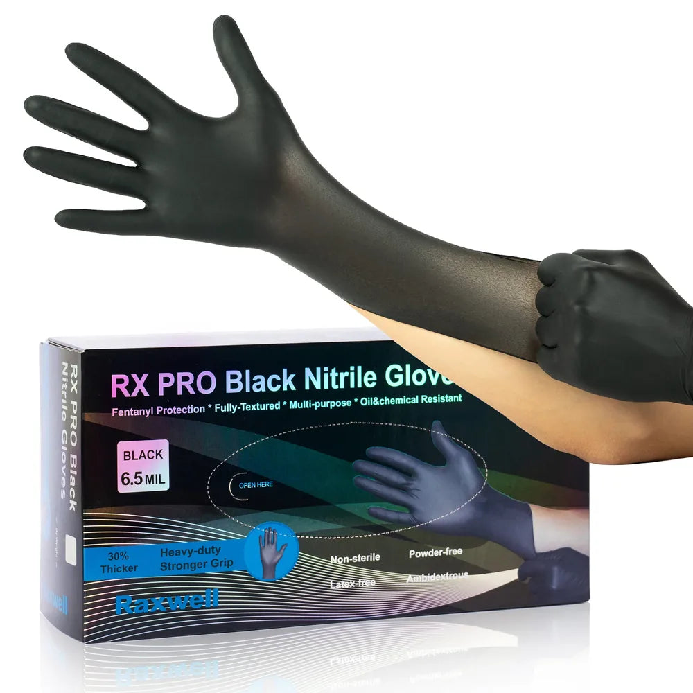 RX PRO Black Nitrile Exam Gloves, 6.5-mil, S/M/L/XL/XXL (Raxwell RXE2023)