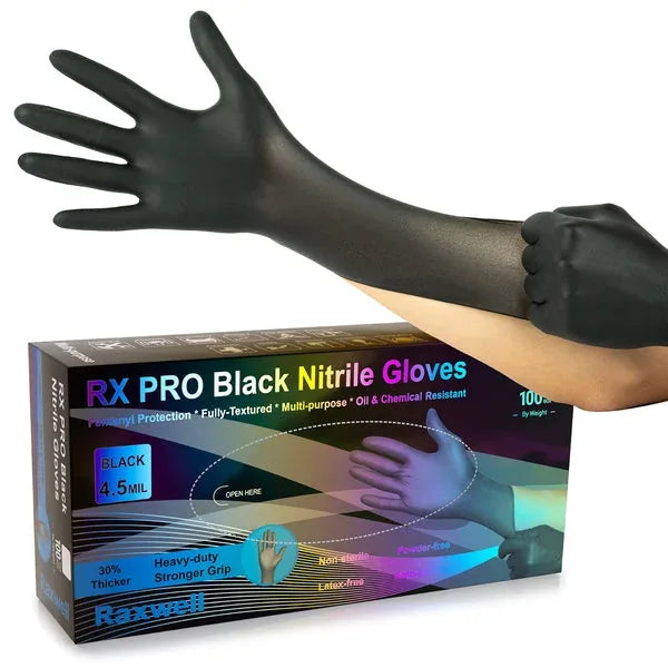 RX PRO Black Nitrile Exam Gloves, 4.5-mil, S/M/L/XL/XXL (Raxwell RXI2024)