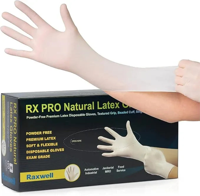 RX PRO Latex Exam Gloves, 8.5-mil, S/M/L/XL (Raxwell RXL7000)