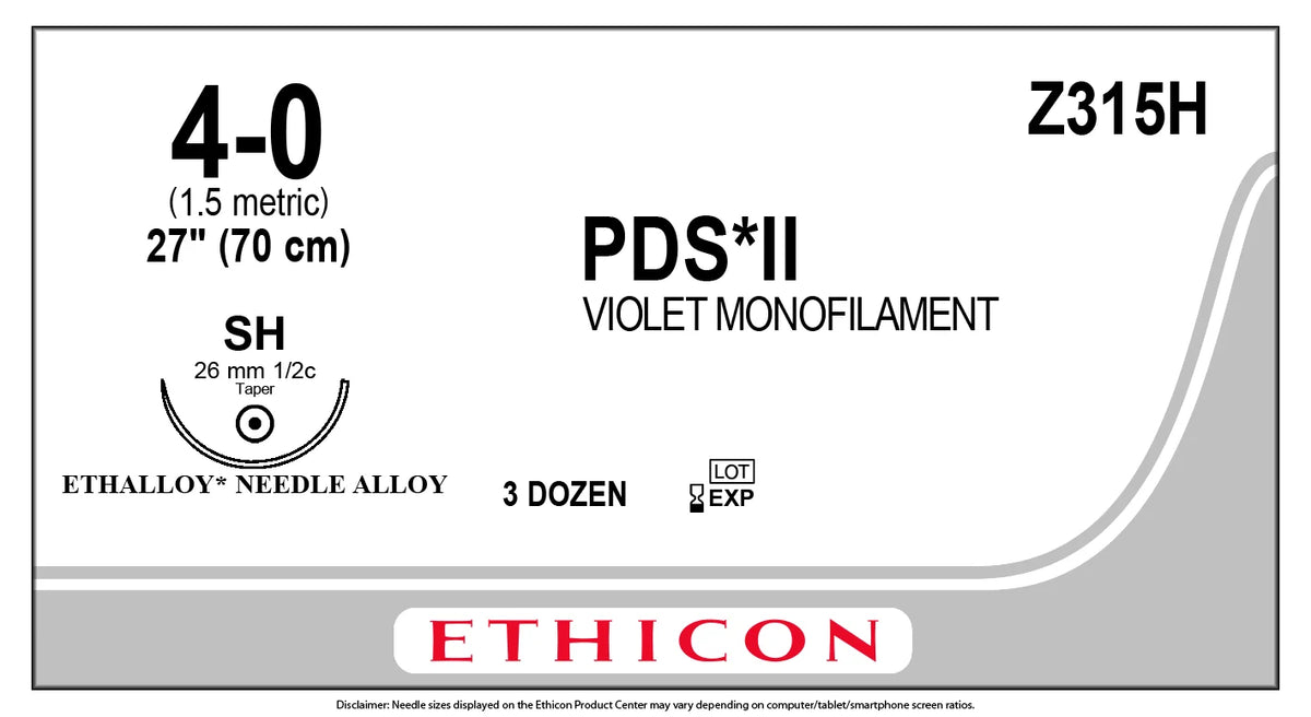 PDS™ II Polydioxanone Suture w/ Needle, SH 1/2 Circle Taper Point, Size 4-0