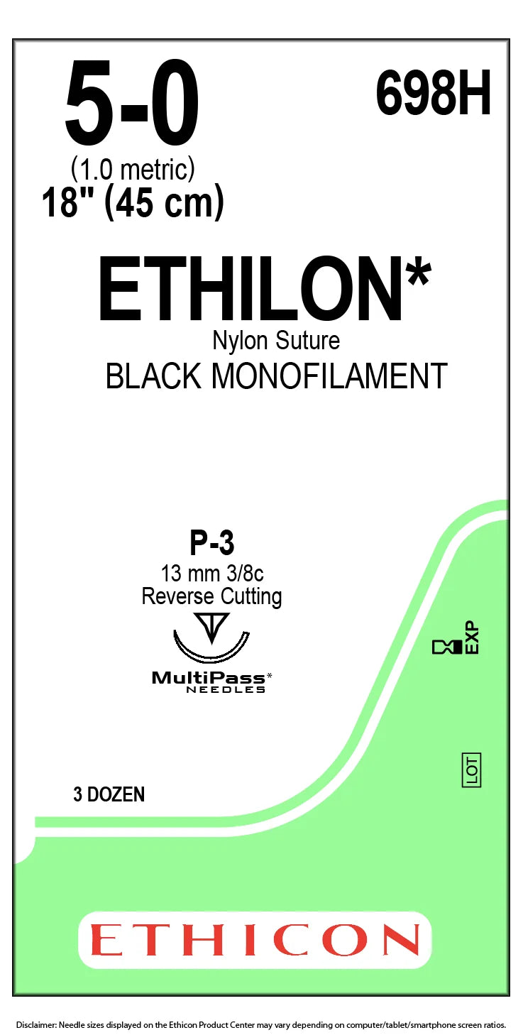 ETHILON® Nylon Suture, black monofilament, P-3 3/8 circle precision reverse cutting, 18 in, 5-0