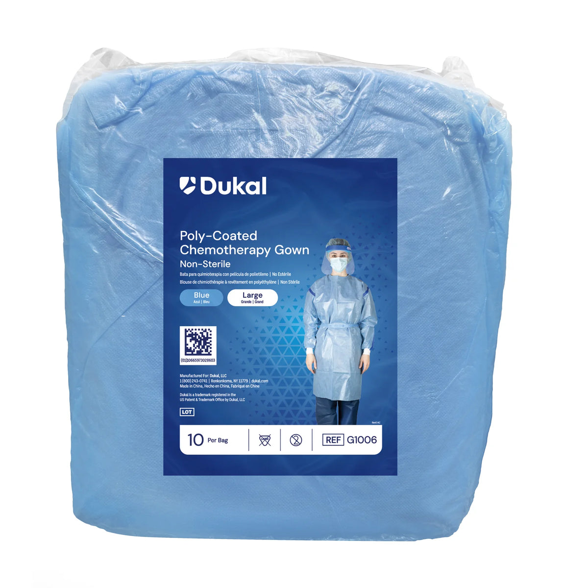 Poly-Coated Chemotherapy Gown, ASTM F739-12, Hook and loop neck closure, Waist ties & knit cuffs, Blue, Large