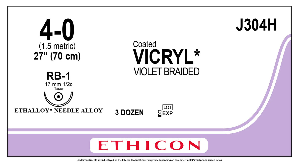 Coated VICRYL® Suture, violet braided, RB-1 17mm 1/2 circle taper, 27 in, 4-0