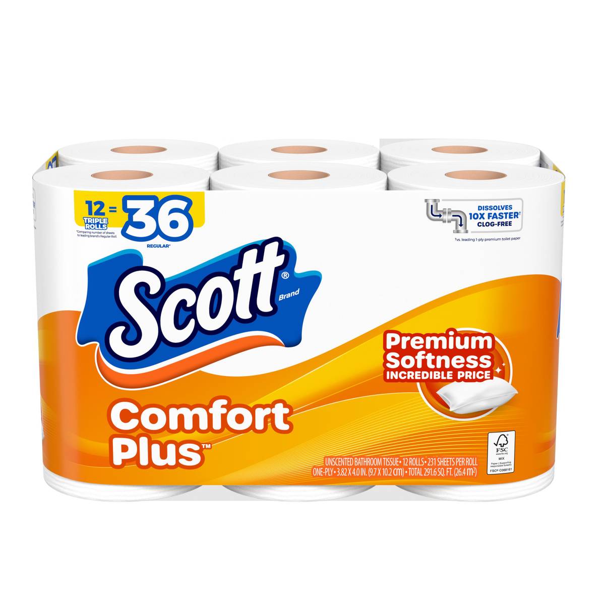 Scott 47618 ComfortPlus Toilet Paper, 12 Triple Rolls, 231 Sheets per Roll, 1-Ply (Packs of 12, 24 or 48)