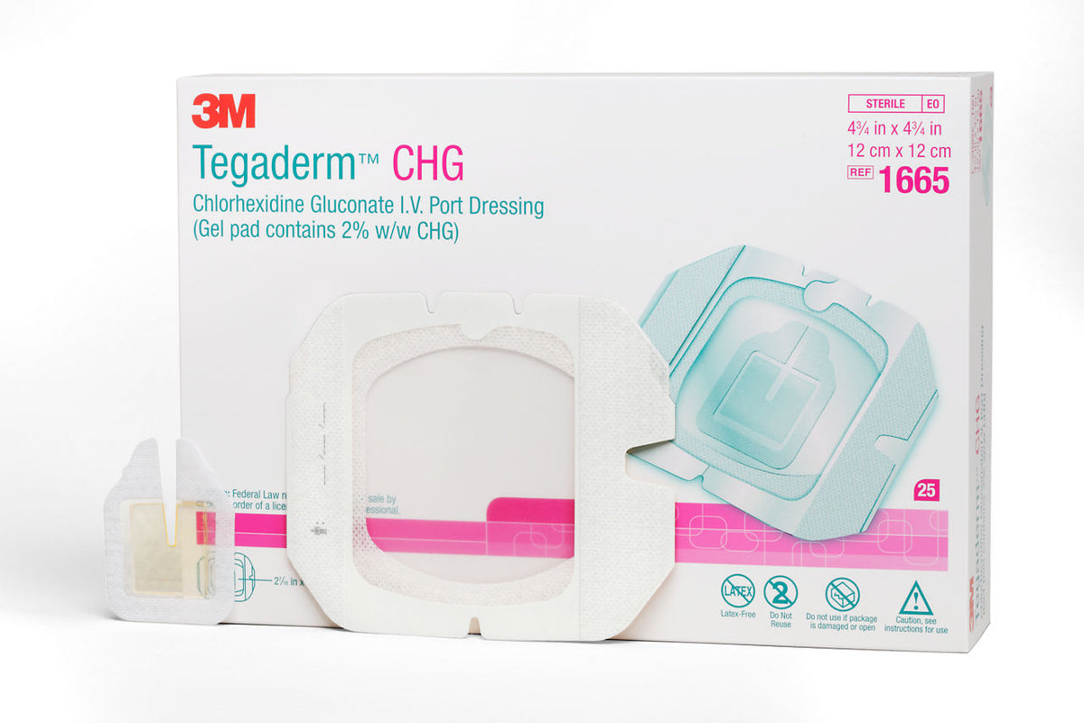 3M™ Tegaderm™ CHG Chlorhexidine Gluconate I.V. Port Dressing, 1665, 4 3/4 in x 4 3/4 in, 25/CAR, 4 CAR/CS, 100/CS