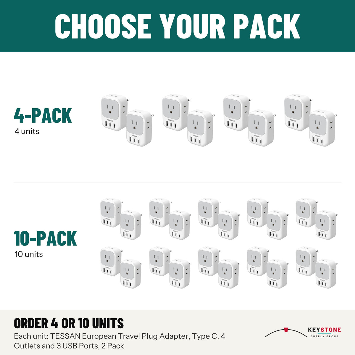 TESSAN TS-161-EU-2C-GRP2 European Travel Plug Adapter, Type C, 4 Outlets and 3 USB Ports, 2 Pack: packs of 4, 10 units