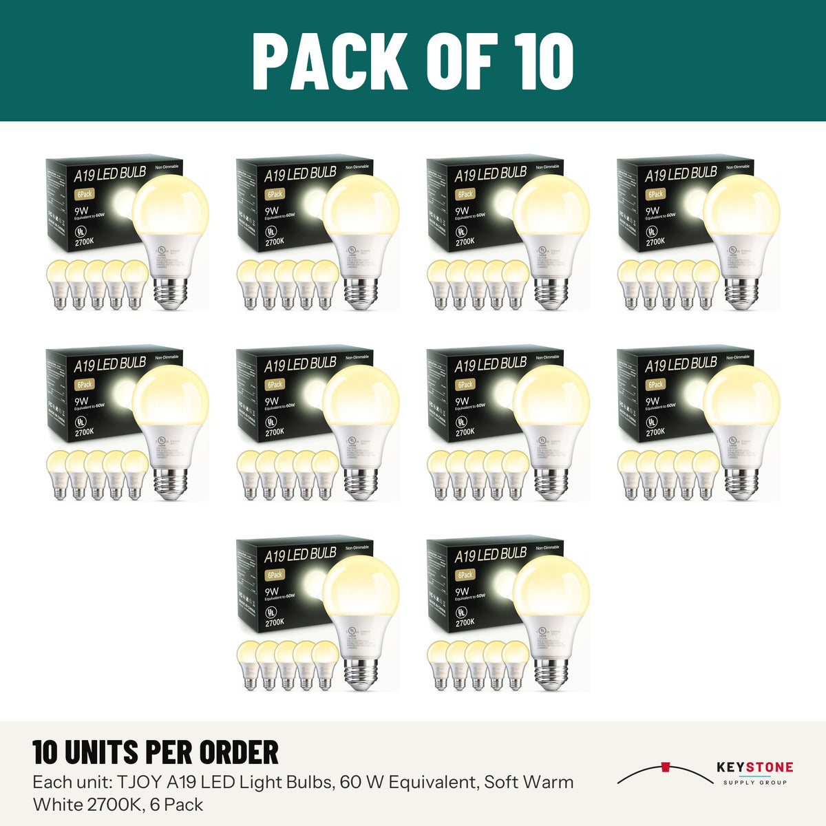 TJOY A19 LED Light Bulbs, 60 W Equivalent, Soft Warm White 2700K, 6 Pack: pack of 10 units