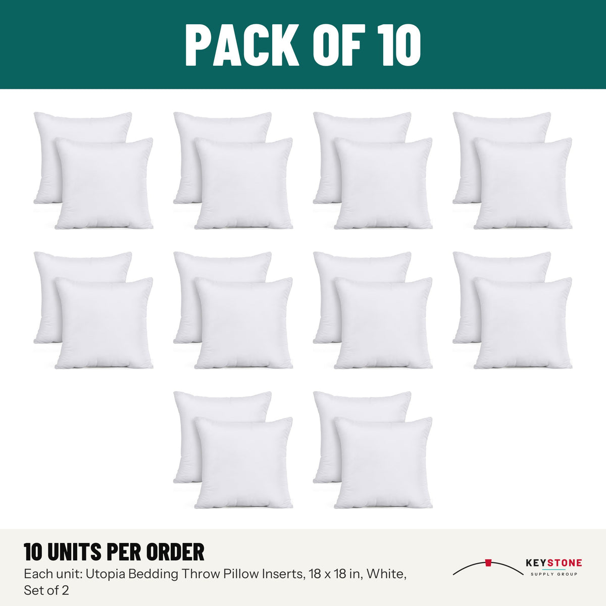 Utopia Bedding Throw Pillow Inserts, 18 x 18 in, White, Set of 2: pack of 10 units